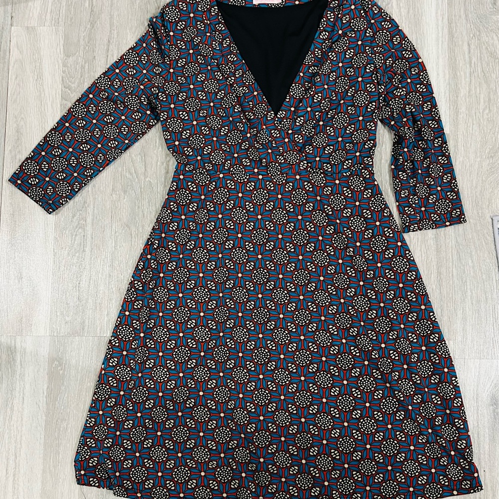 Blue and Orange A-Line Wrap Dress with V-Neck